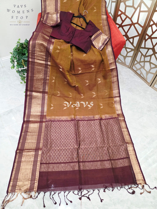 Heritage Antique Bronze Handloom Mangalagiri Pattu Silk Cotton Saree with Wine Blouse Size 42-48