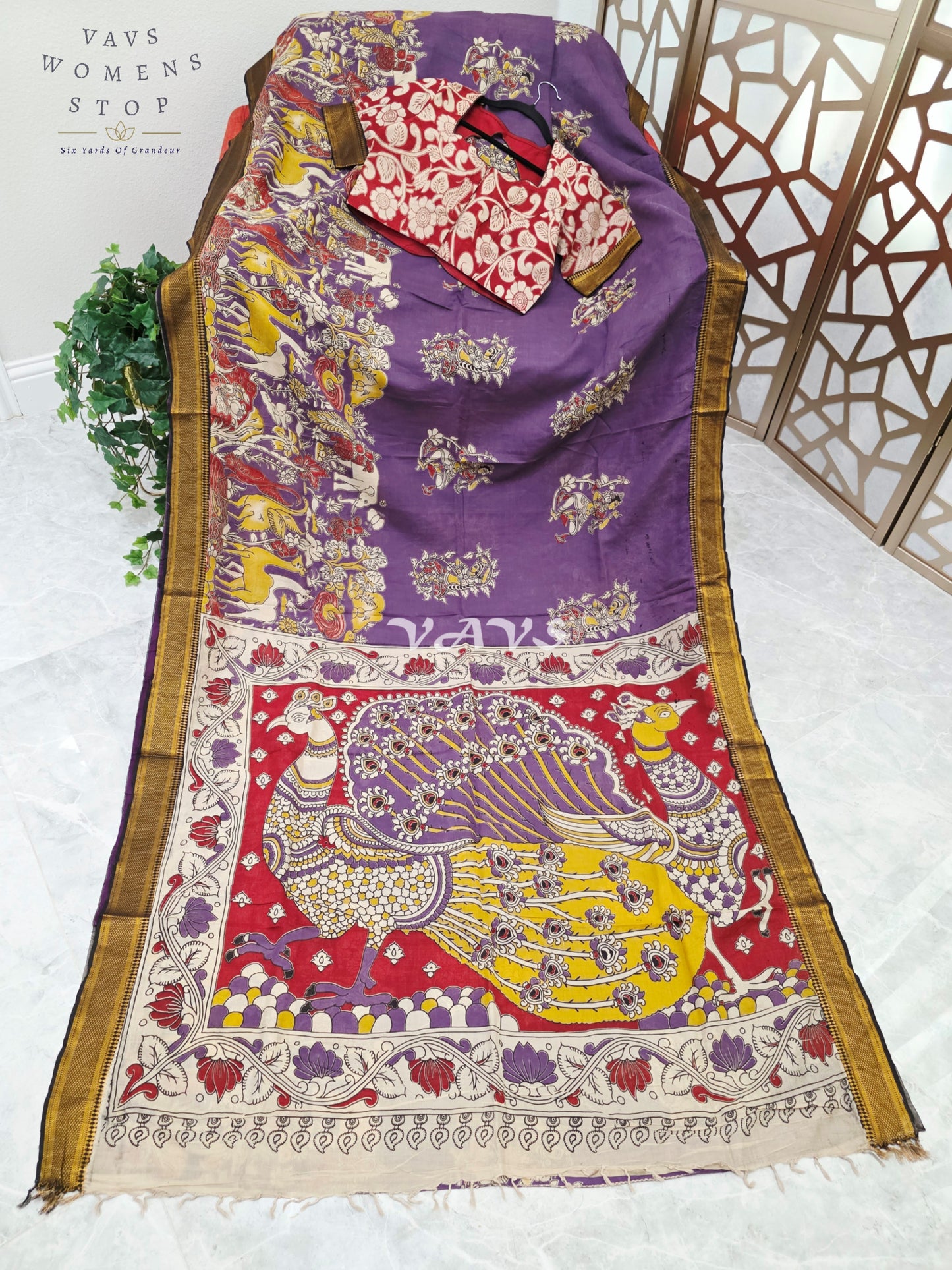 Regal Amethyst Purple Kalamkari Silk Saree with Ruby Red Peacock Pallu, Antique Gold Nizam Border & Blouse Size 38-44