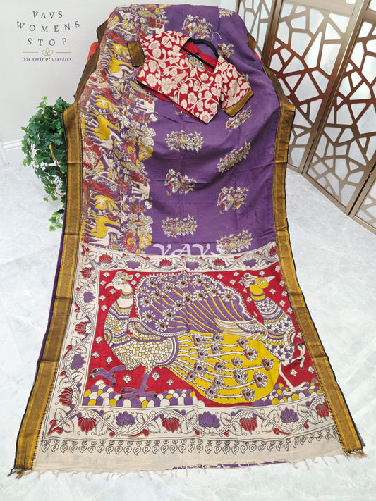 Regal Amethyst Purple Kalamkari Silk Saree with Ruby Red Peacock Pallu, Antique Gold Nizam Border & Blouse Size 38-44