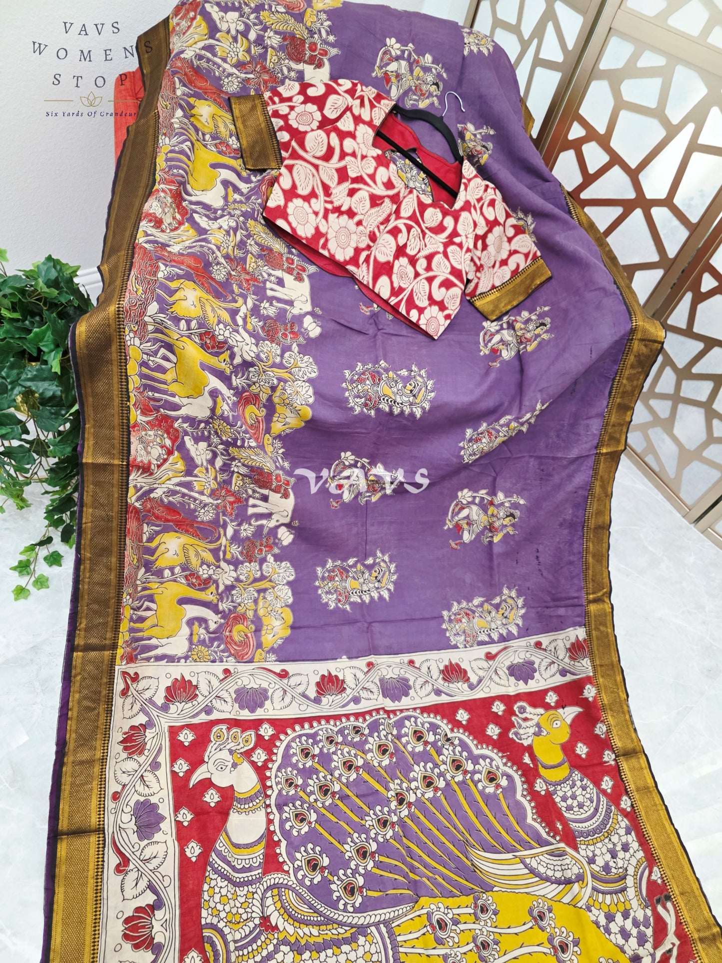 Regal Amethyst Purple Kalamkari Silk Saree with Ruby Red Peacock Pallu, Antique Gold Nizam Border & Blouse Size 38-44