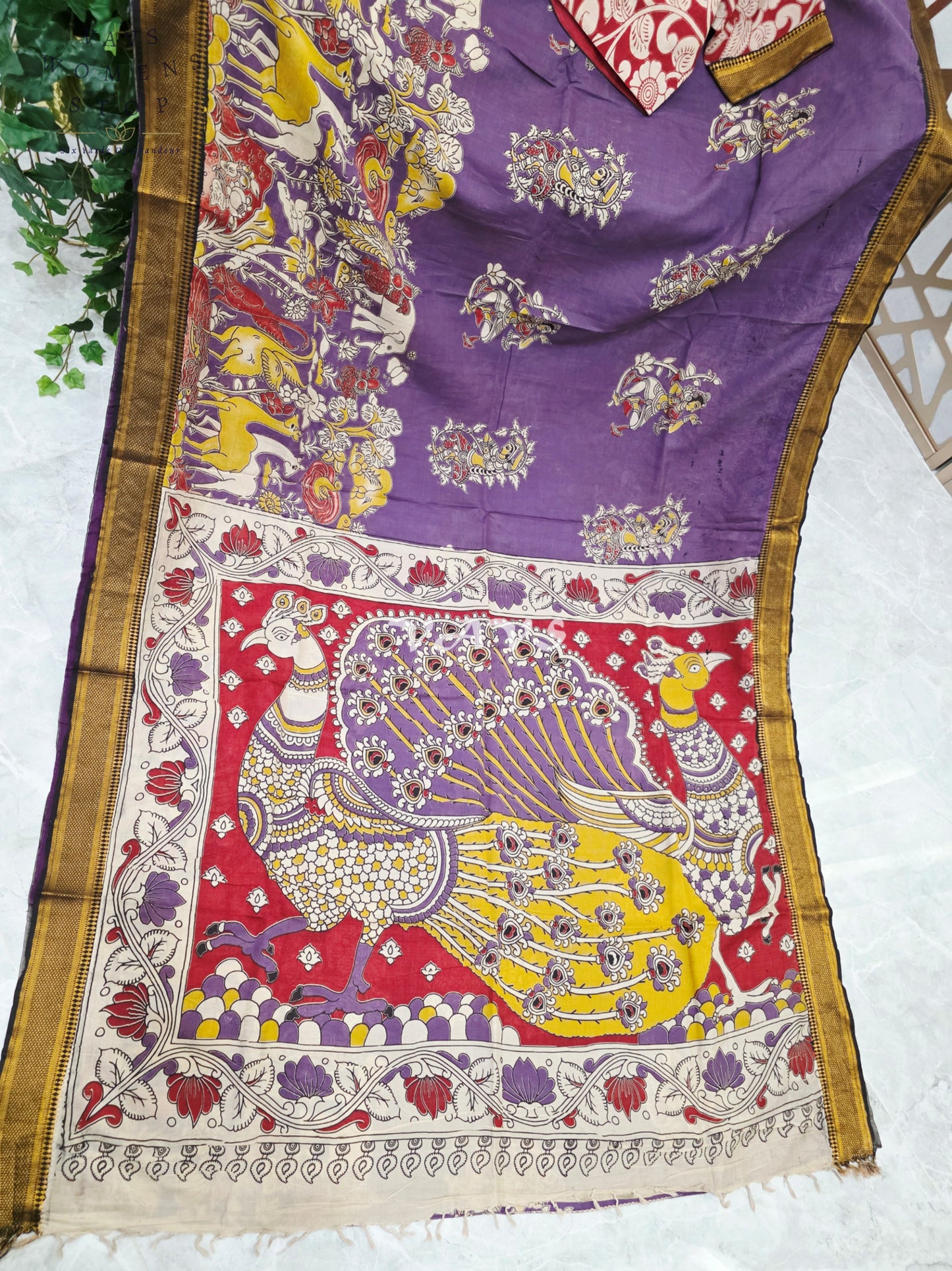 Regal Amethyst Purple Kalamkari Silk Saree with Ruby Red Peacock Pallu, Antique Gold Nizam Border & Blouse Size 38-44