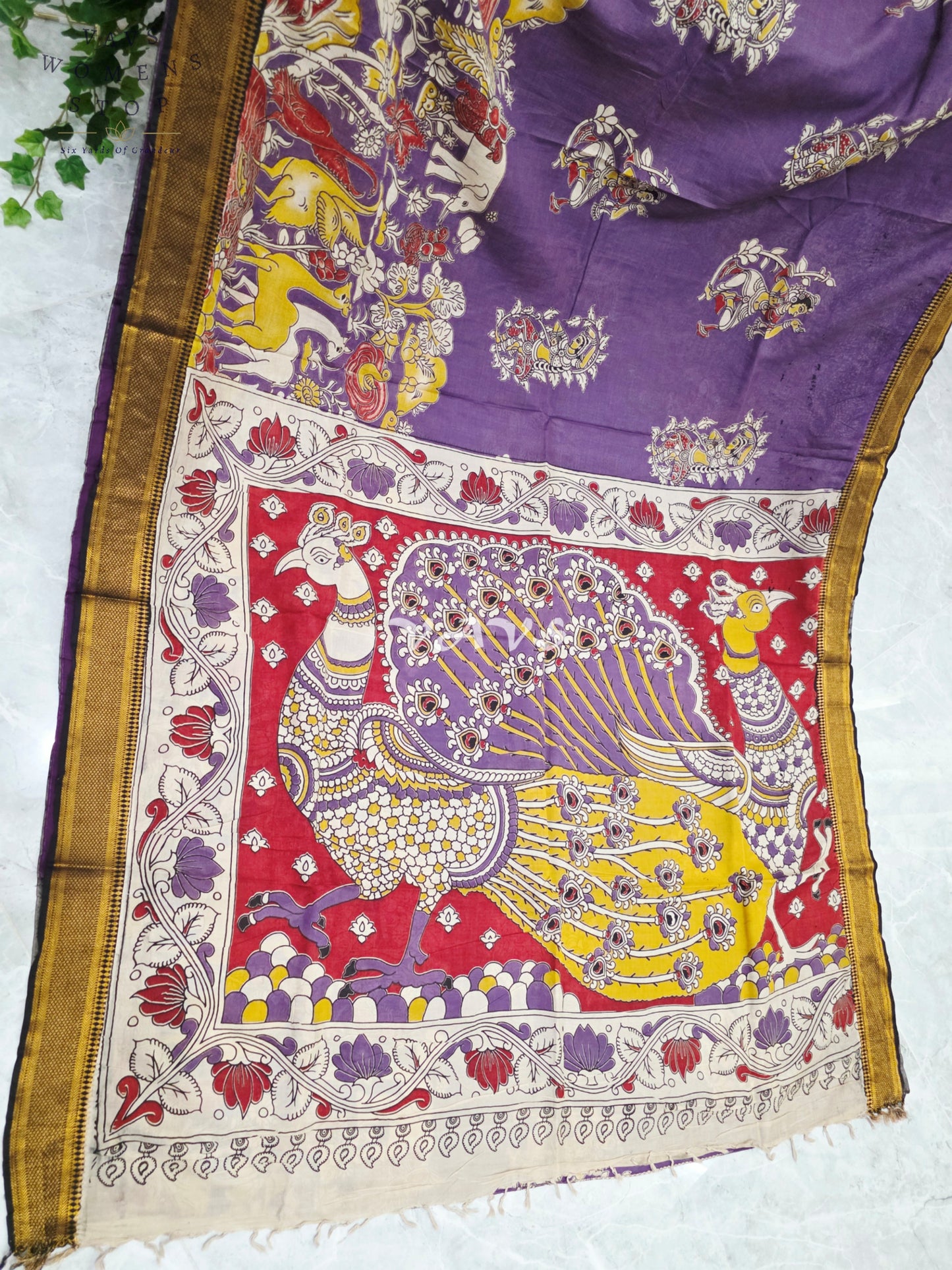 Regal Amethyst Purple Kalamkari Silk Saree with Ruby Red Peacock Pallu, Antique Gold Nizam Border & Blouse Size 38-44