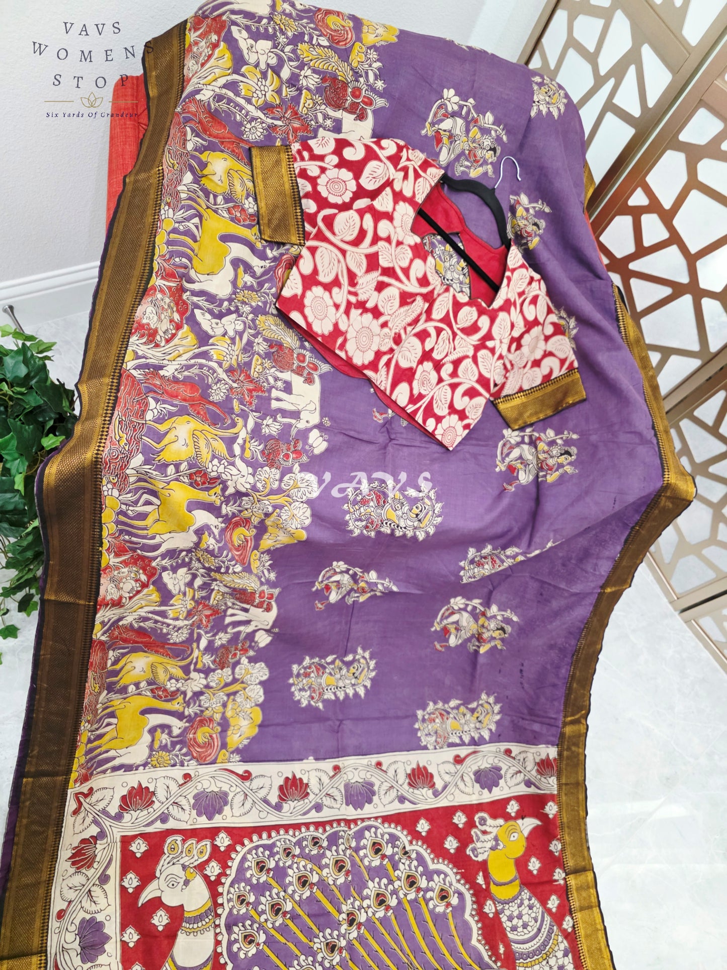 Regal Amethyst Purple Kalamkari Silk Saree with Ruby Red Peacock Pallu, Antique Gold Nizam Border & Blouse Size 38-44