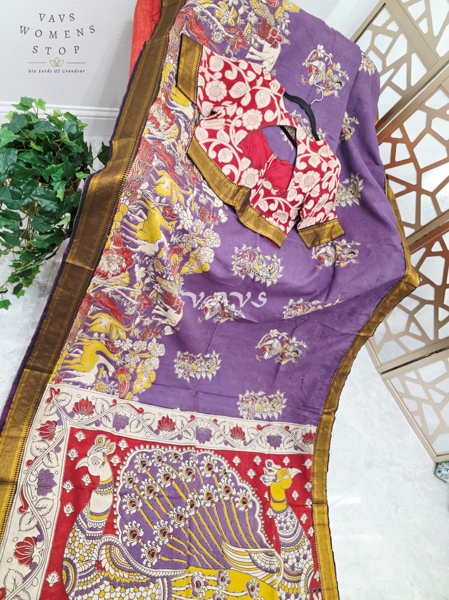 Regal Amethyst Purple Kalamkari Silk Saree with Ruby Red Peacock Pallu, Antique Gold Nizam Border & Blouse Size 38-44