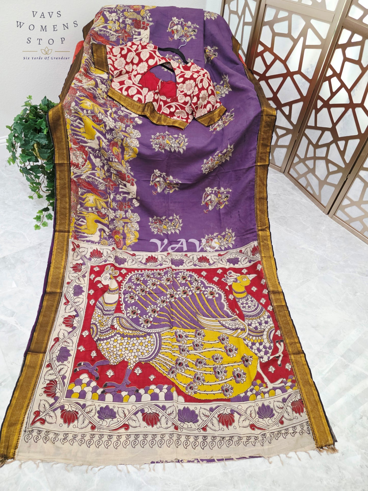 Regal Amethyst Purple Kalamkari Silk Saree with Ruby Red Peacock Pallu, Antique Gold Nizam Border & Blouse Size 38-44