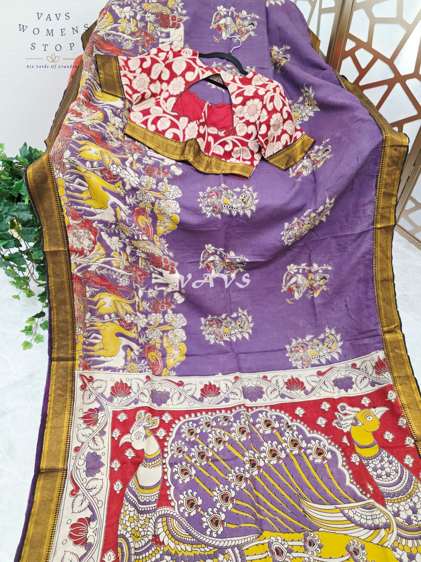 Regal Amethyst Purple Kalamkari Silk Saree with Ruby Red Peacock Pallu, Antique Gold Nizam Border & Blouse Size 38-44