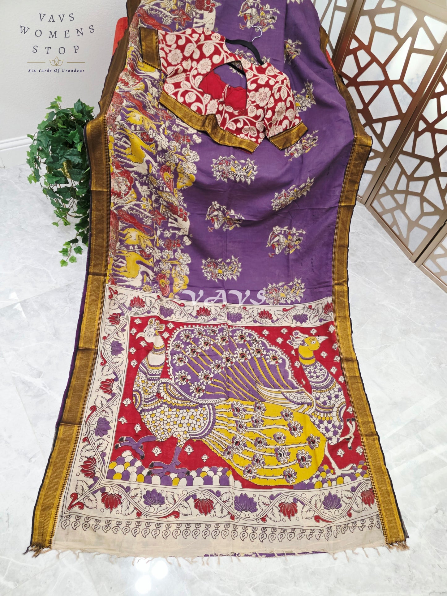 Regal Amethyst Purple Kalamkari Silk Saree with Ruby Red Peacock Pallu, Antique Gold Nizam Border & Blouse Size 38-44