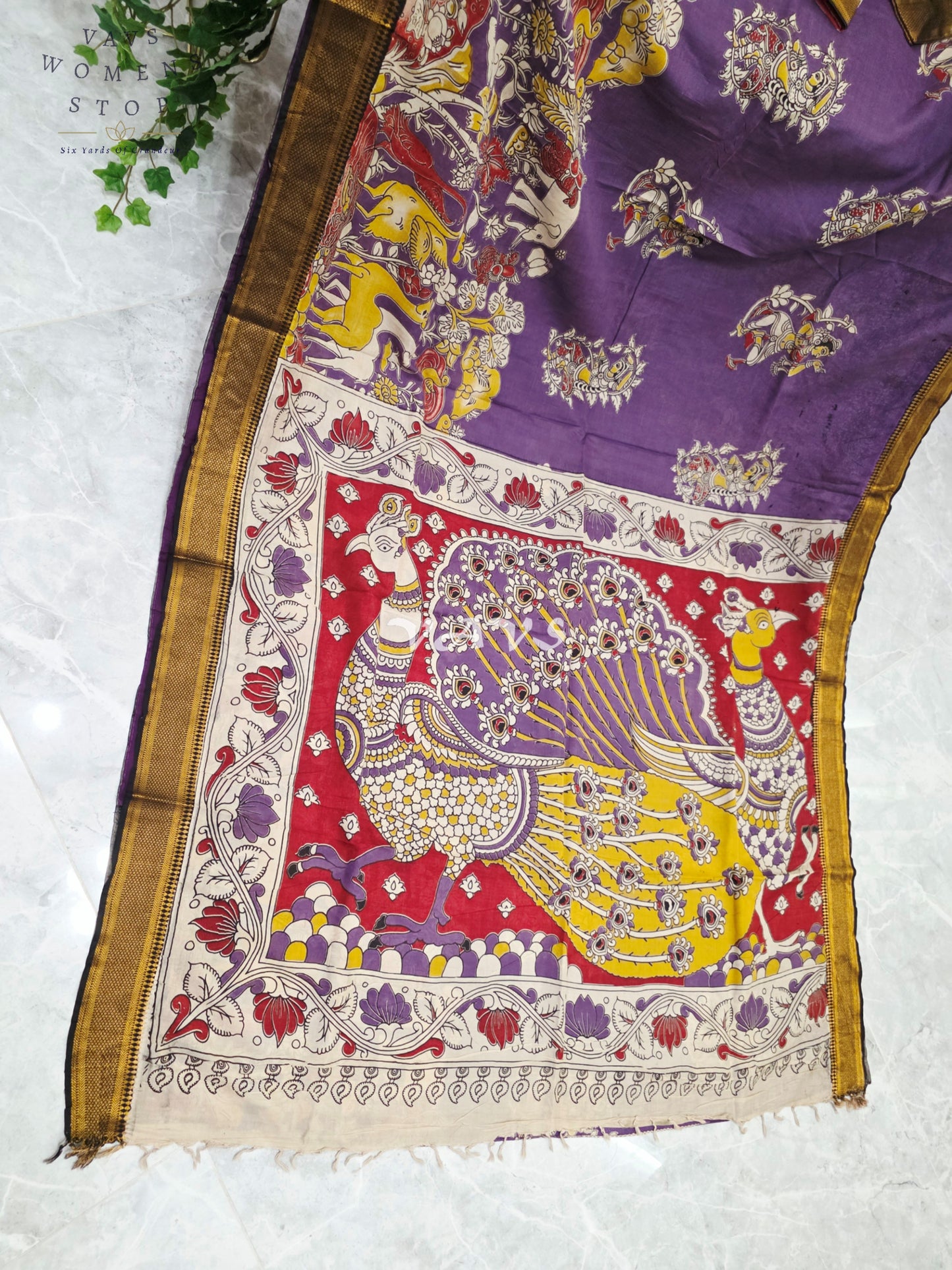 Regal Amethyst Purple Kalamkari Silk Saree with Ruby Red Peacock Pallu, Antique Gold Nizam Border & Blouse Size 38-44