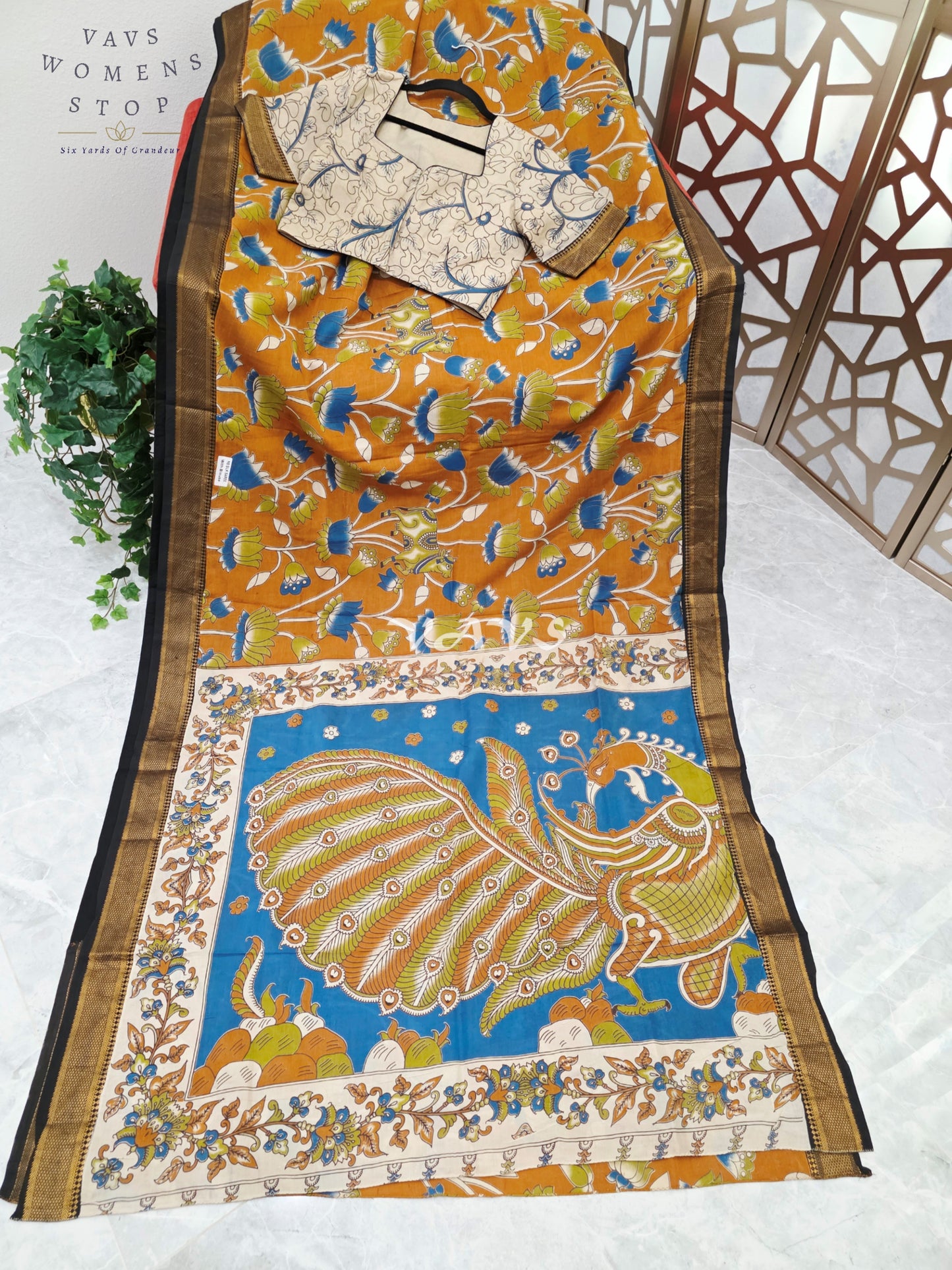 Regal Burnt Saffron Kalamkari Silk Saree with Teal Peacock Pallu, Black Nizam Border & Stitched Blouse Size 38-44
