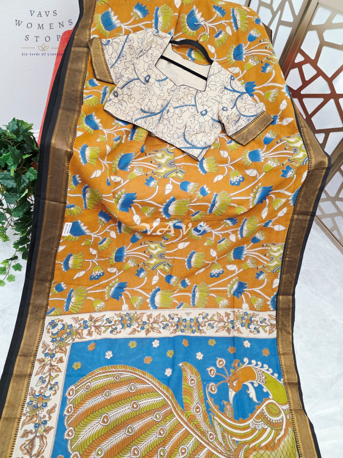 Regal Burnt Saffron Kalamkari Silk Saree with Teal Peacock Pallu, Black Nizam Border & Stitched Blouse Size 38-44