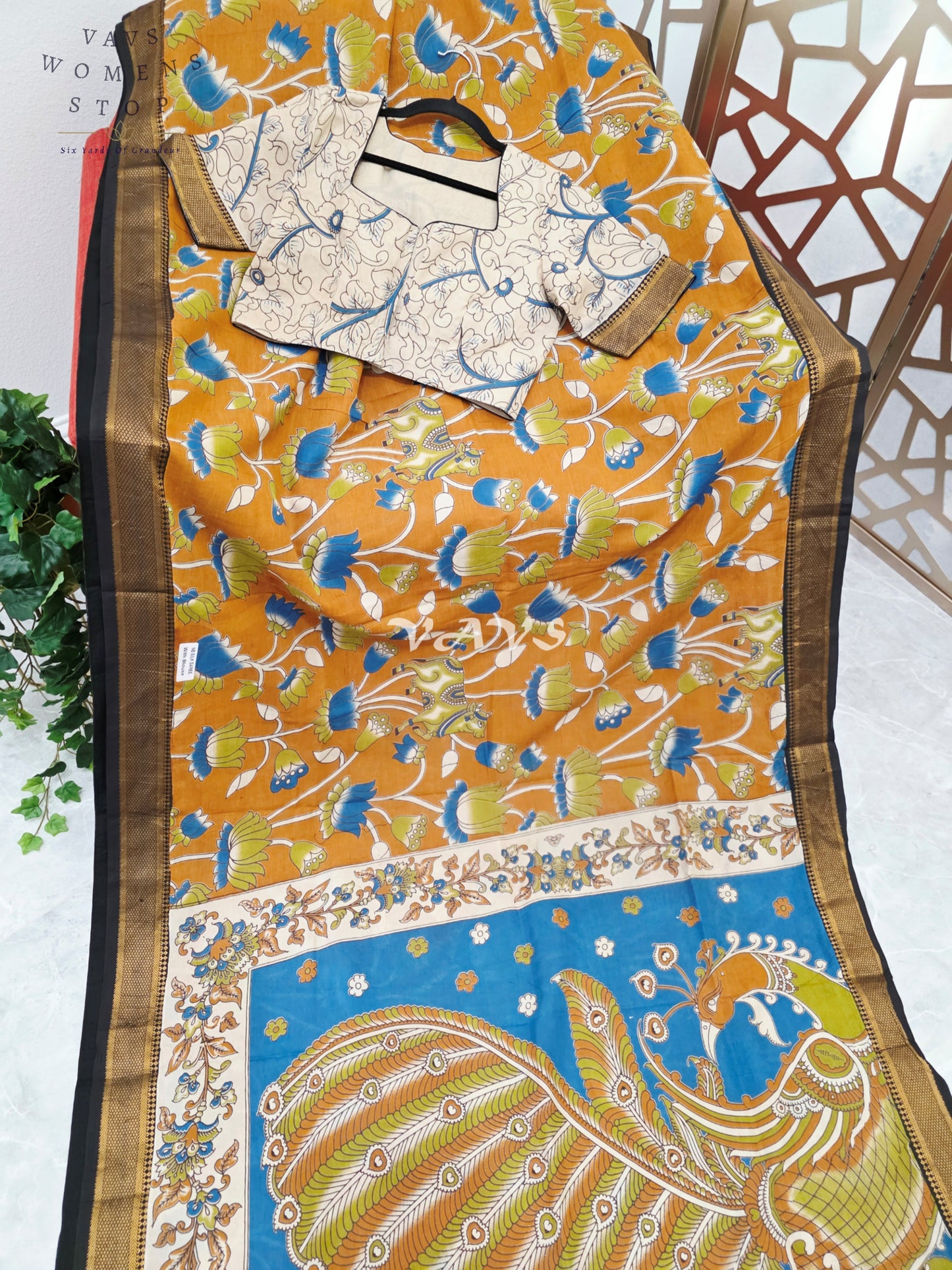 Regal Burnt Saffron Kalamkari Silk Saree with Teal Peacock Pallu, Black Nizam Border & Stitched Blouse Size 38-44