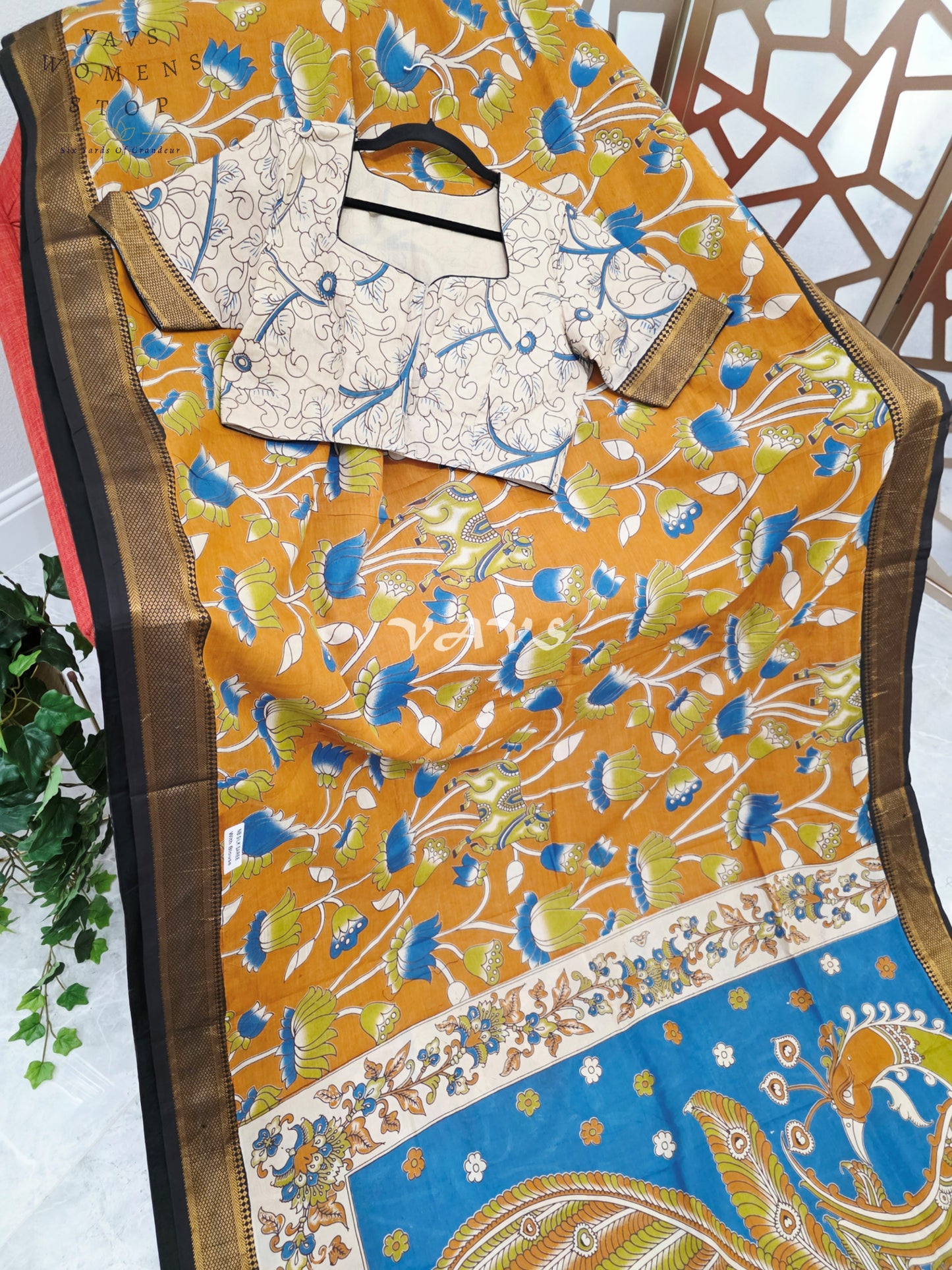 Regal Burnt Saffron Kalamkari Silk Saree with Teal Peacock Pallu, Black Nizam Border & Stitched Blouse Size 38-44