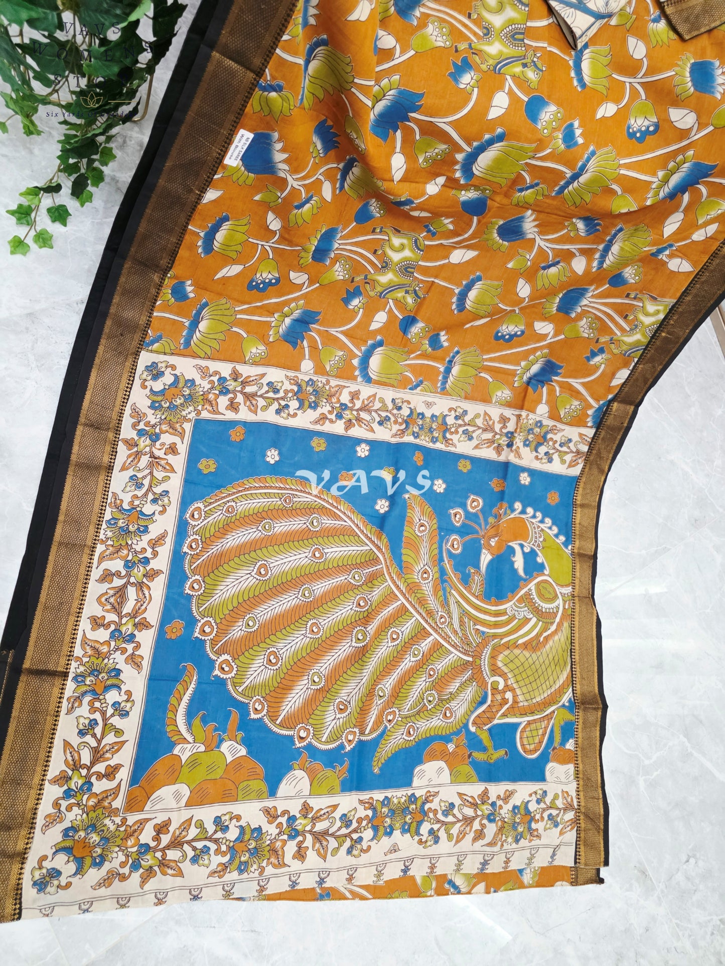 Regal Burnt Saffron Kalamkari Silk Saree with Teal Peacock Pallu, Black Nizam Border & Stitched Blouse Size 38-44