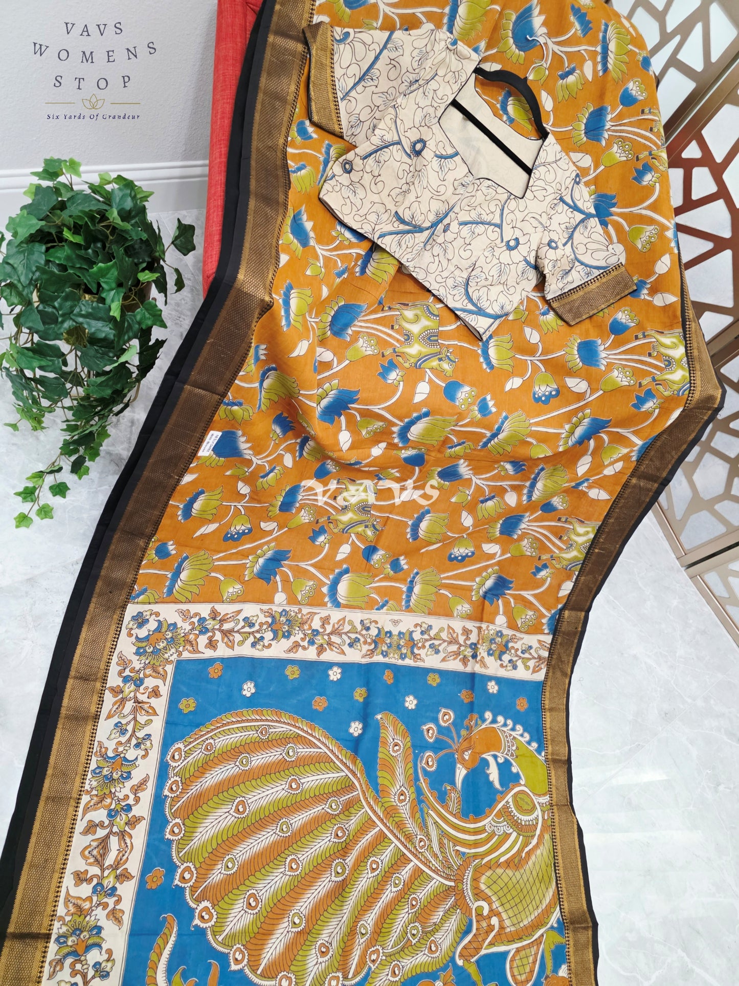 Regal Burnt Saffron Kalamkari Silk Saree with Teal Peacock Pallu, Black Nizam Border & Stitched Blouse Size 38-44