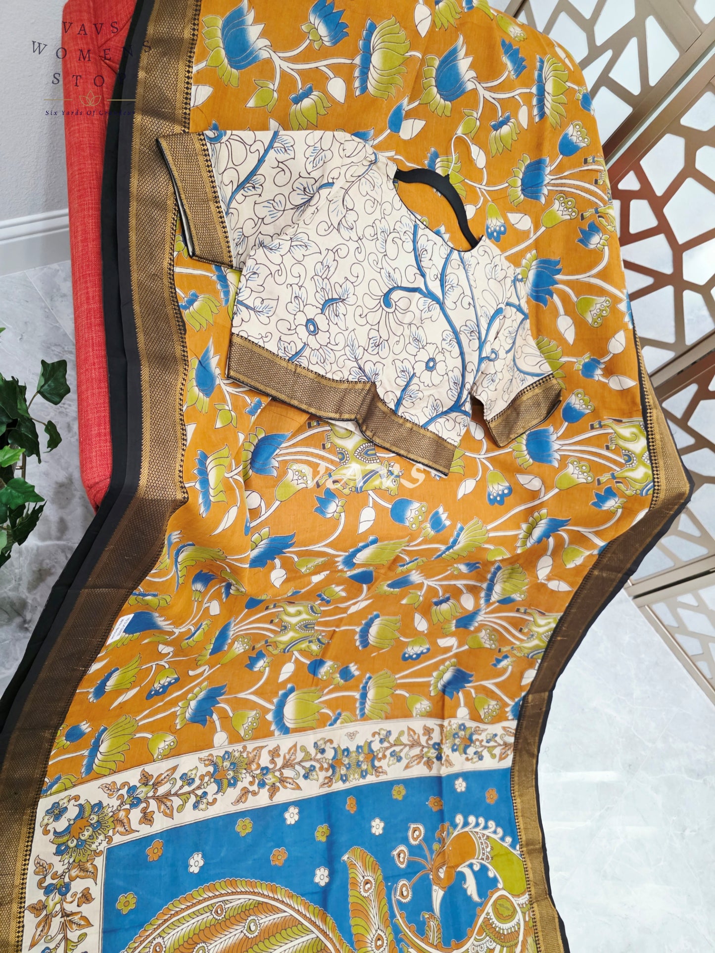 Regal Burnt Saffron Kalamkari Silk Saree with Teal Peacock Pallu, Black Nizam Border & Stitched Blouse Size 38-44