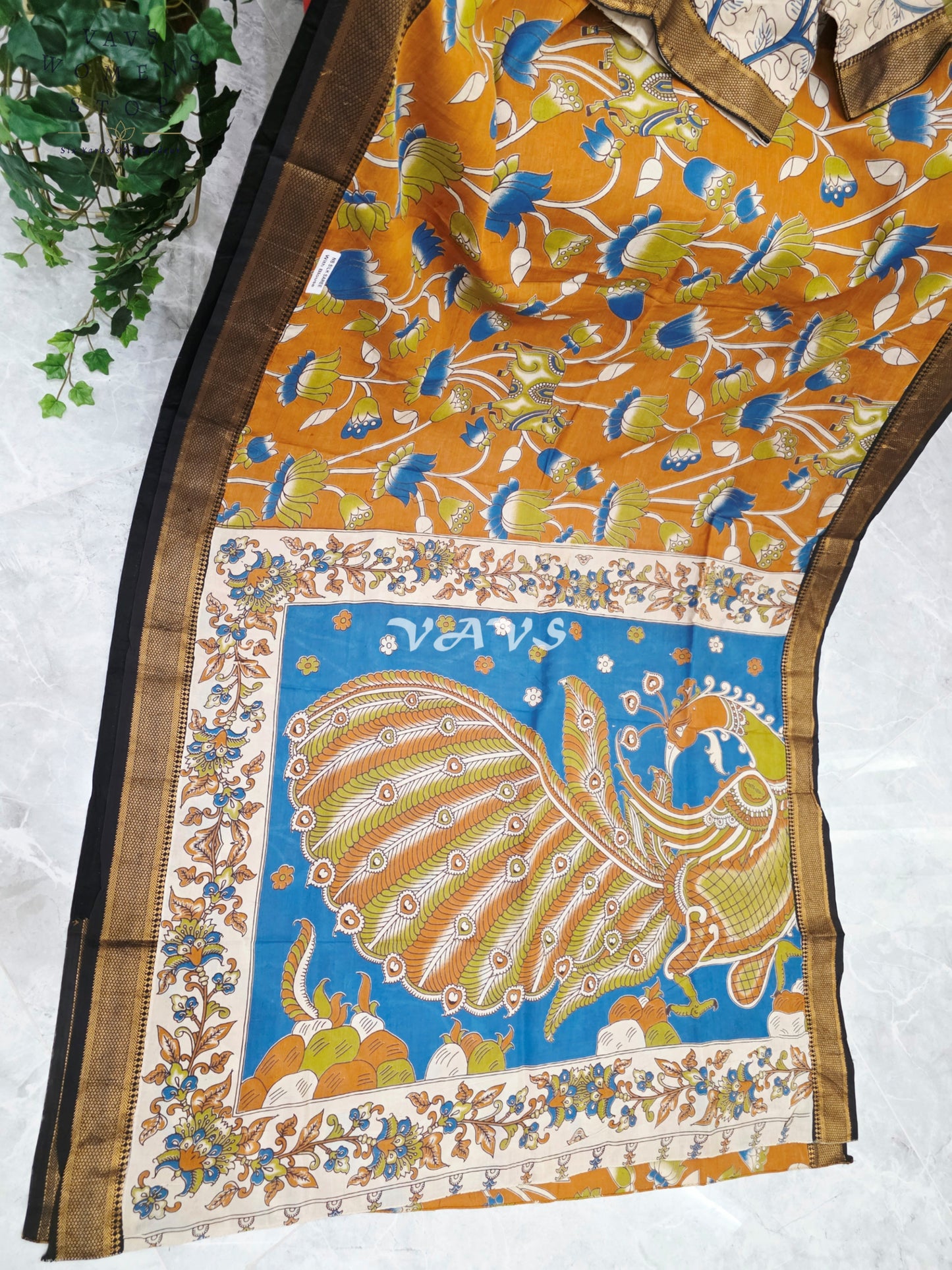 Regal Burnt Saffron Kalamkari Silk Saree with Teal Peacock Pallu, Black Nizam Border & Stitched Blouse Size 38-44