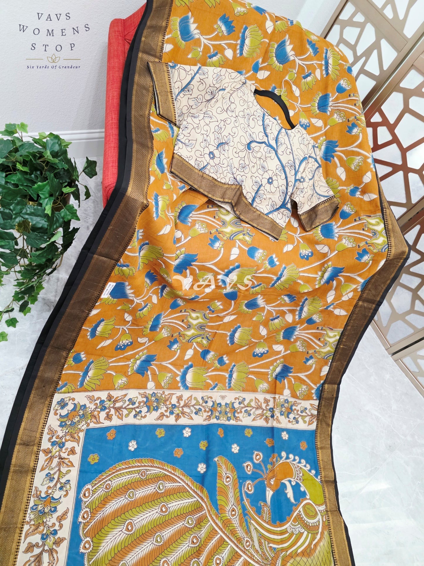 Regal Burnt Saffron Kalamkari Silk Saree with Teal Peacock Pallu, Black Nizam Border & Stitched Blouse Size 38-44