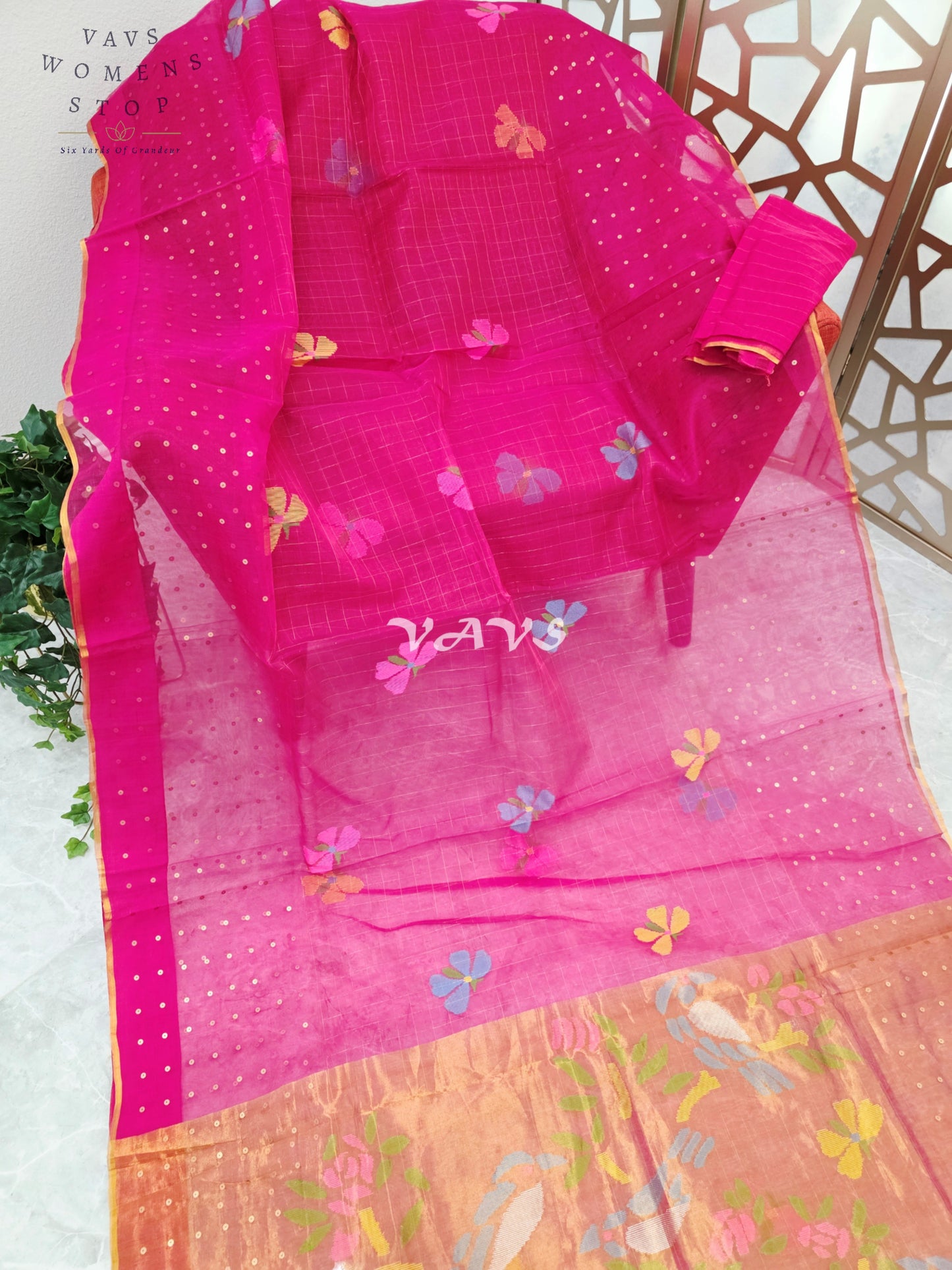 Regal Rani Pink Pure Muslin Silk Saree with Sequin Work, Butterfly Motifs & Antique Gold Paithani Pallu with Unstitched Blouse Piece