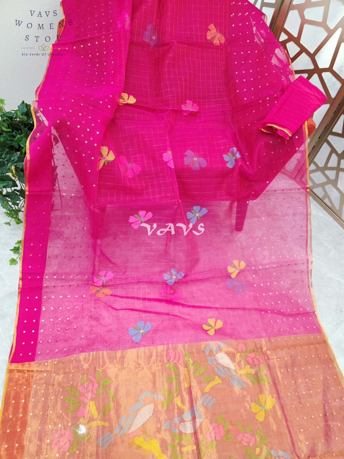 Regal Rani Pink Pure Muslin Silk Saree with Sequin Work, Butterfly Motifs & Antique Gold Paithani Pallu with Unstitched Blouse Piece