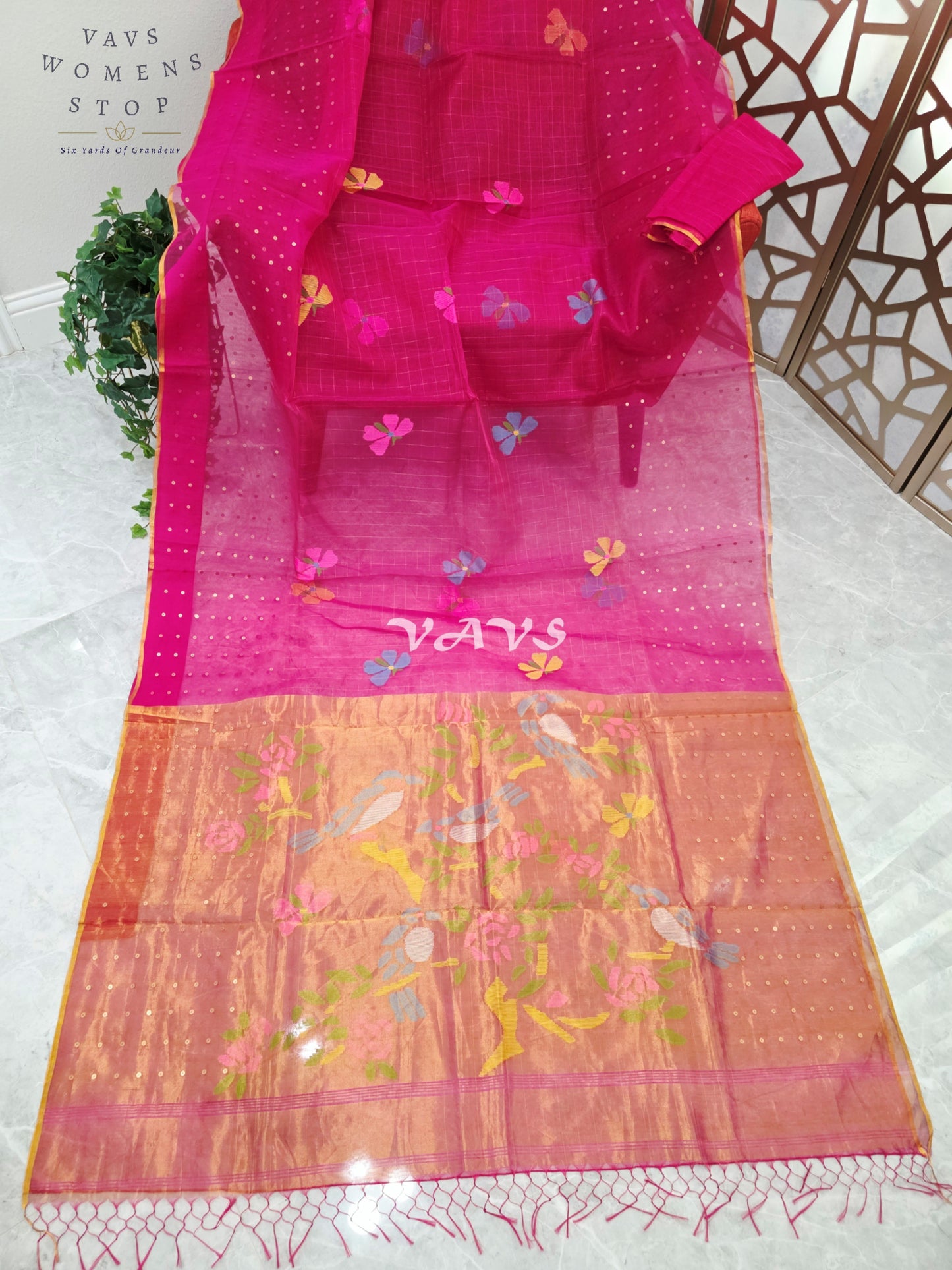 Regal Rani Pink Pure Muslin Silk Saree with Sequin Work, Butterfly Motifs & Antique Gold Paithani Pallu with Unstitched Blouse Piece