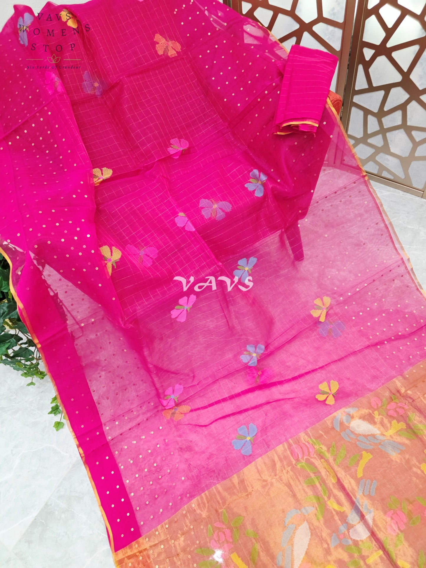 Regal Rani Pink Pure Muslin Silk Saree with Sequin Work, Butterfly Motifs & Antique Gold Paithani Pallu with Unstitched Blouse Piece