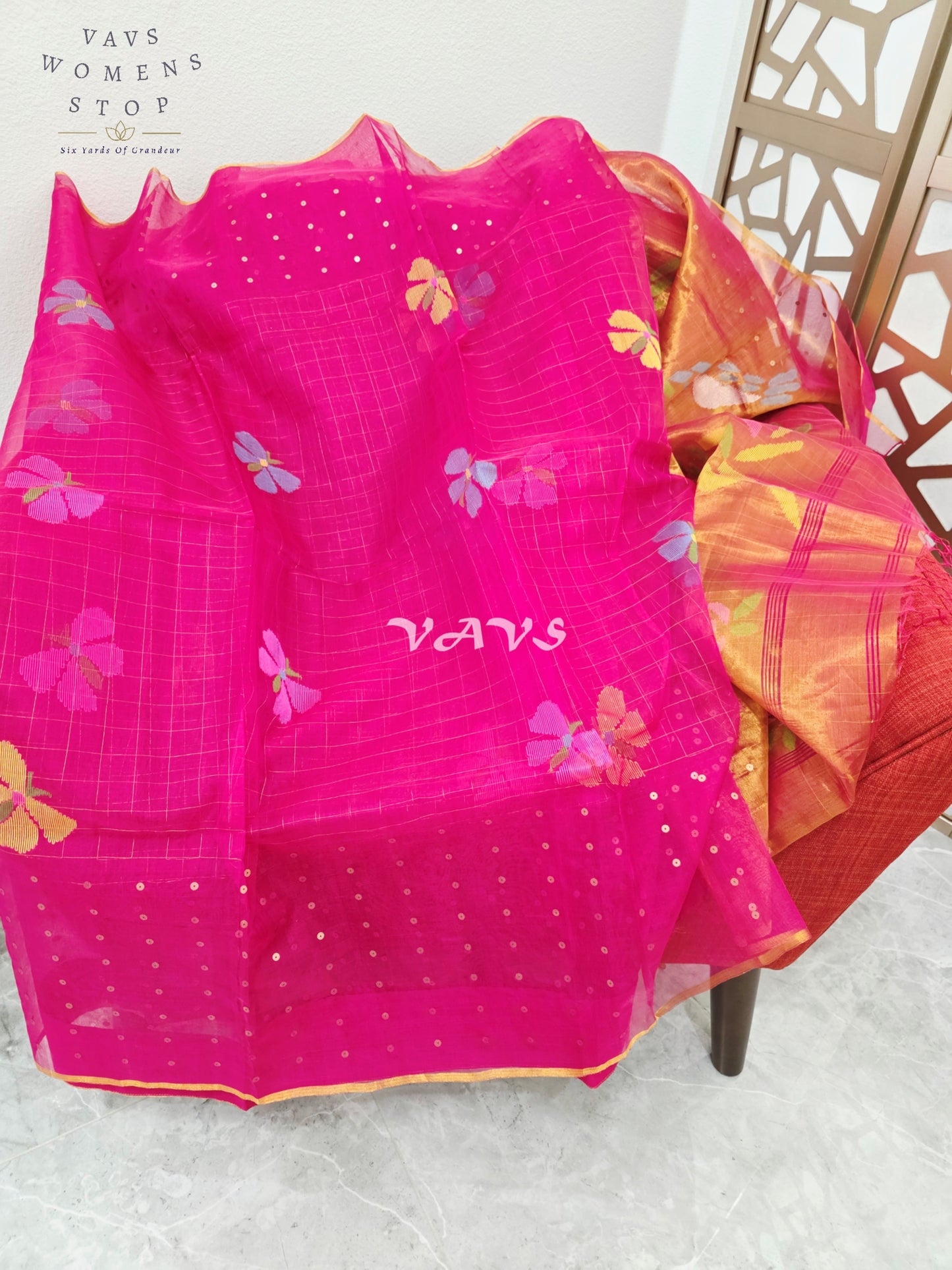 Regal Rani Pink Pure Muslin Silk Saree with Sequin Work, Butterfly Motifs & Antique Gold Paithani Pallu with Unstitched Blouse Piece