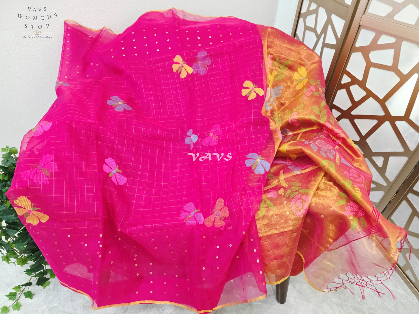 Regal Rani Pink Pure Muslin Silk Saree with Sequin Work, Butterfly Motifs & Antique Gold Paithani Pallu with Unstitched Blouse Piece