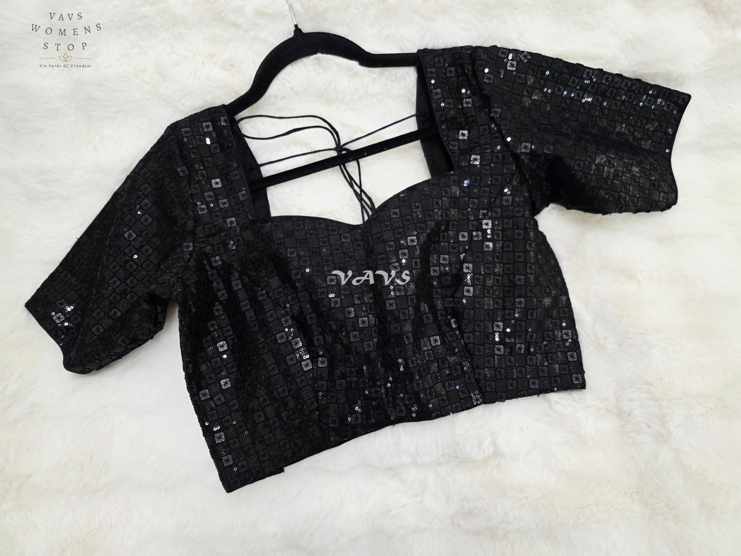 Midnight Black Sequin Embroidered Designer Saree Blouse | Size 38–44
