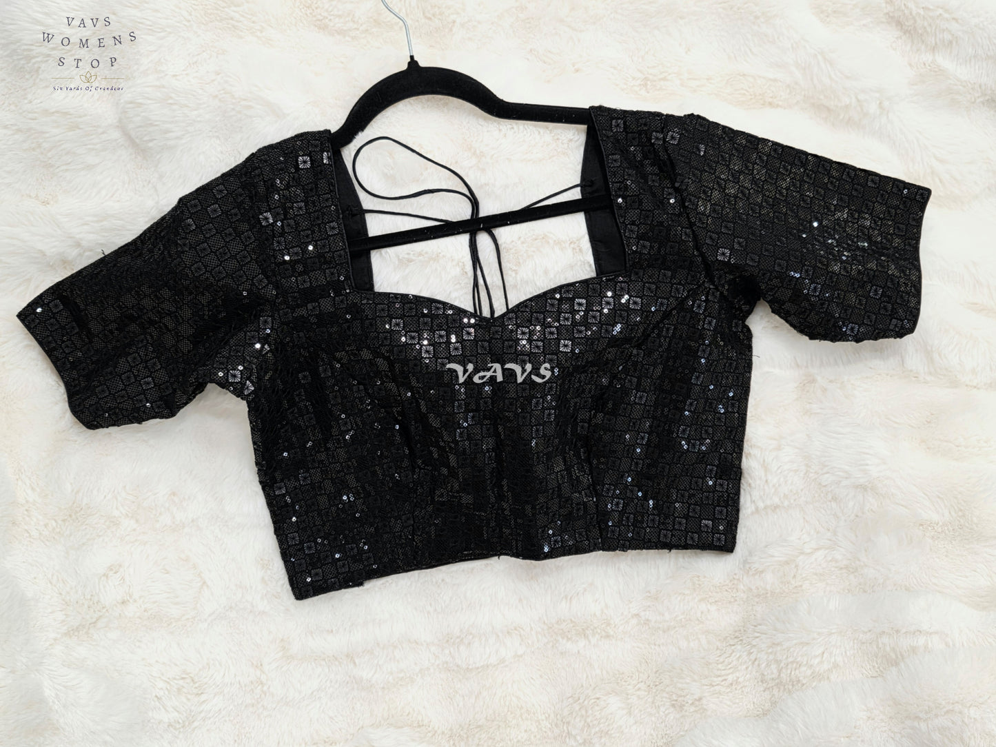 Midnight Black Sequin Embroidered Designer Saree Blouse | Size 38–44