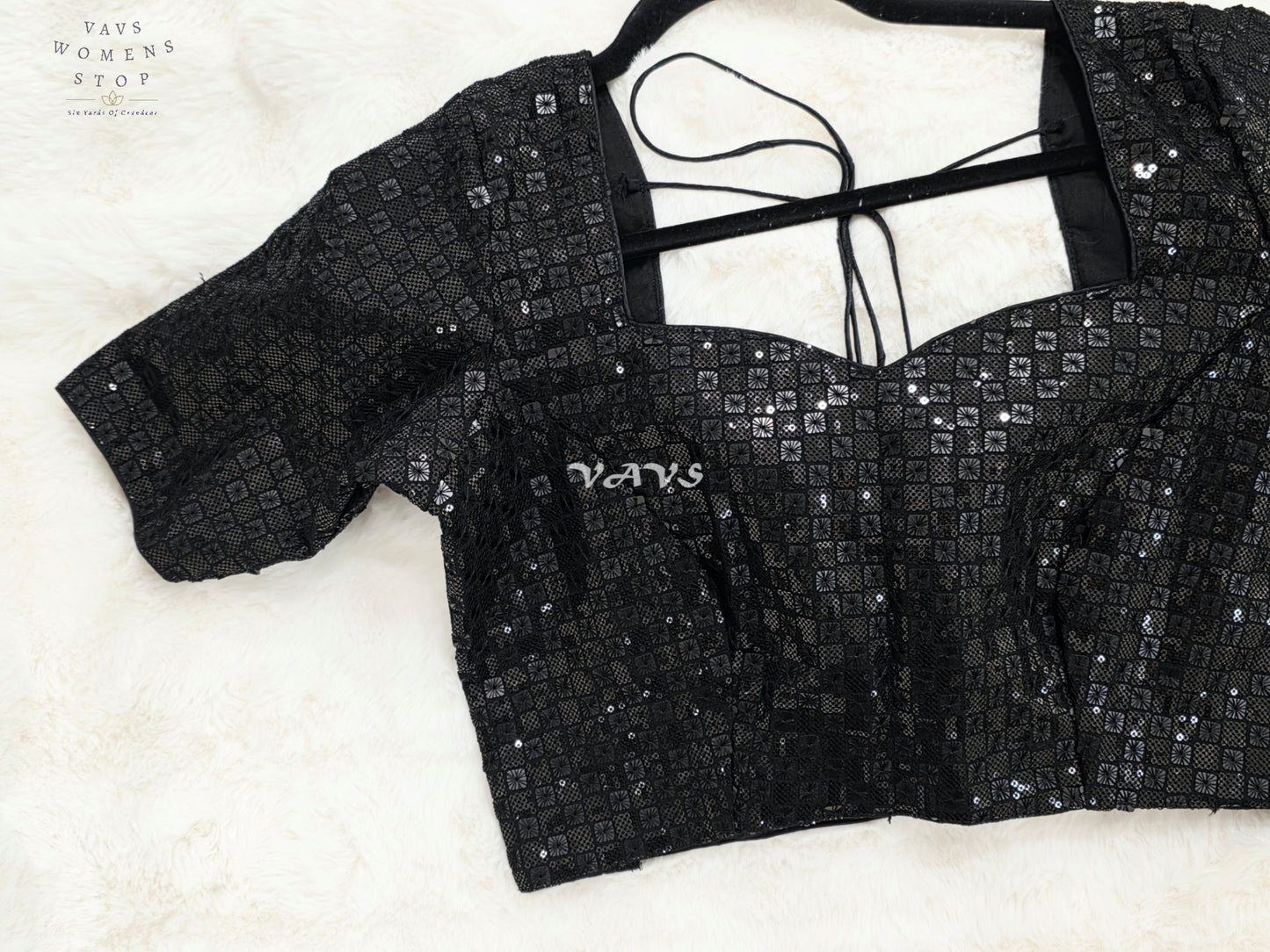 Midnight Black Sequin Embroidered Designer Saree Blouse | Size 38–44