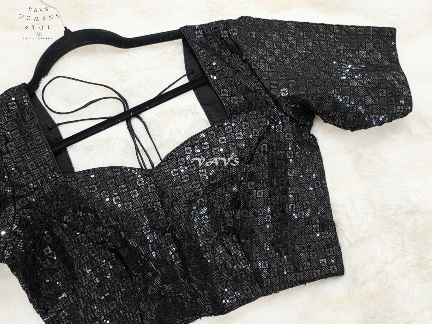 Midnight Black Sequin Embroidered Designer Saree Blouse | Size 38–44