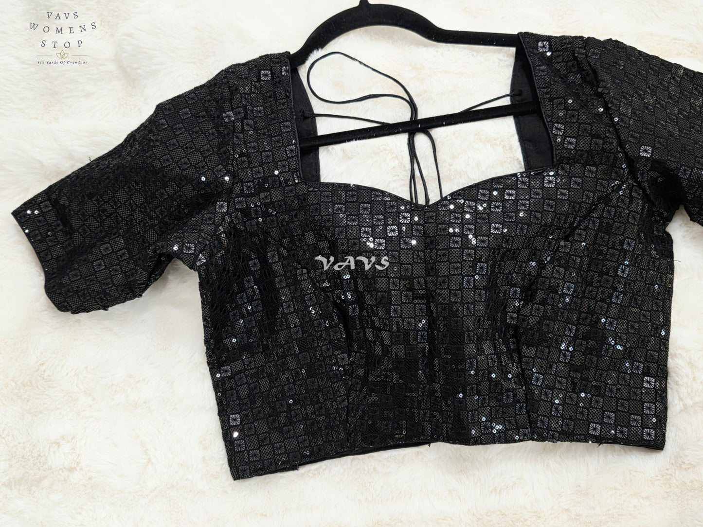 Midnight Black Sequin Embroidered Designer Saree Blouse | Size 38–44