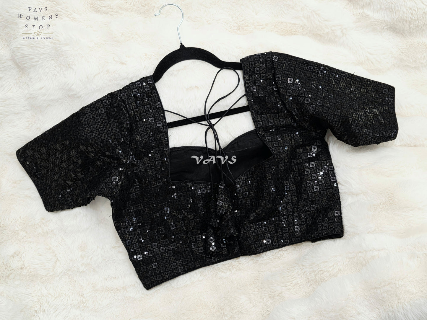 Midnight Black Sequin Embroidered Designer Saree Blouse | Size 38–44