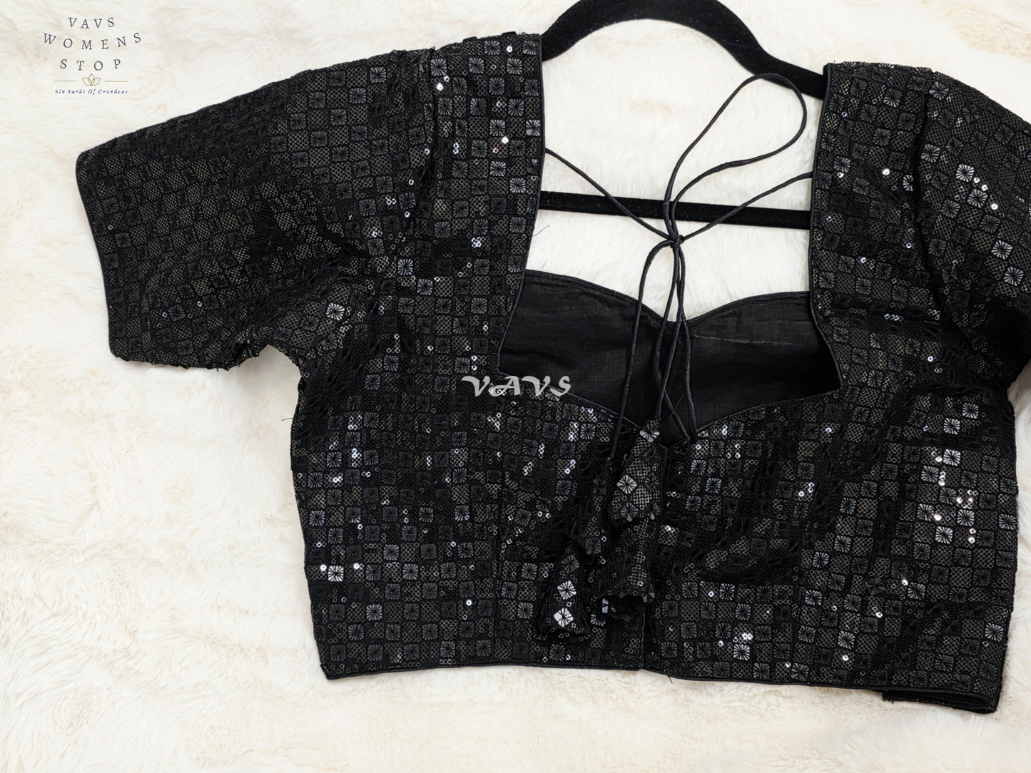 Midnight Black Sequin Embroidered Designer Saree Blouse | Size 38–44
