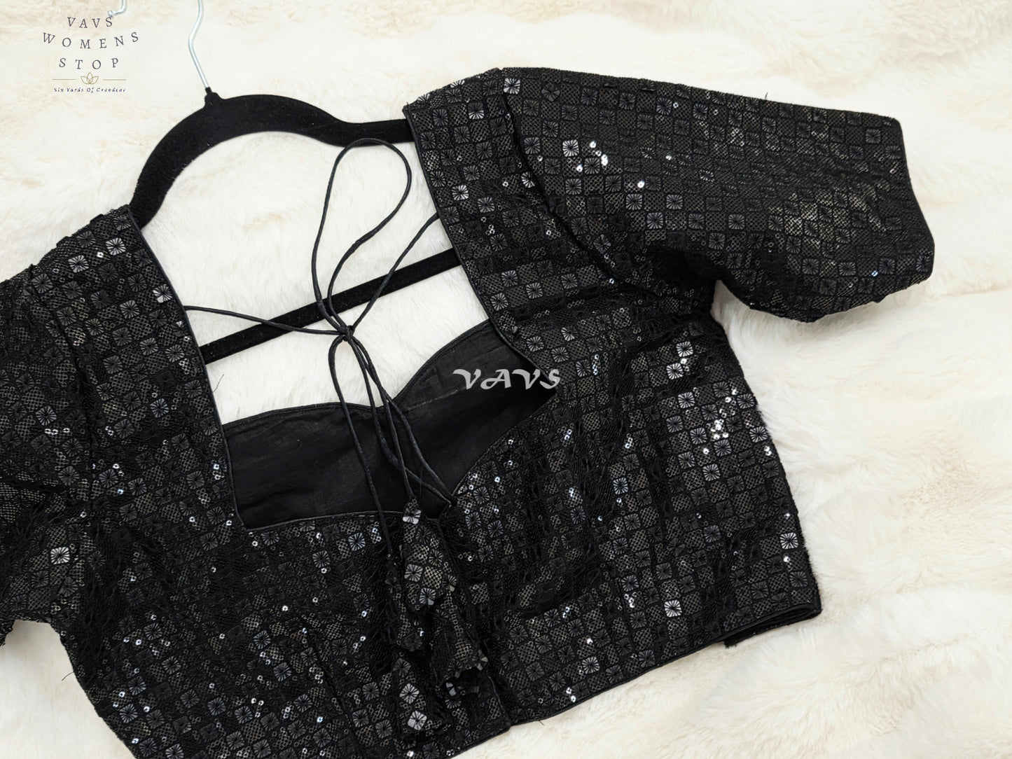 Midnight Black Sequin Embroidered Designer Saree Blouse | Size 38–44