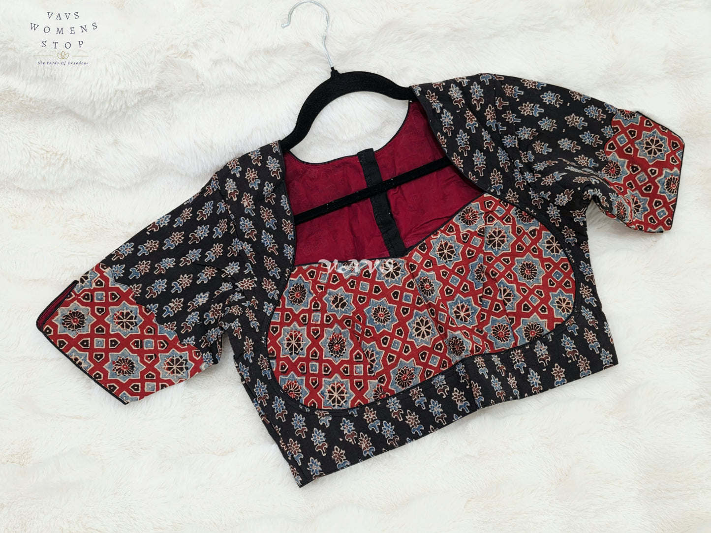 Heritage Noir & Madder Red Ajrakh Hand Block Print Cotton Blouse | 38-44
