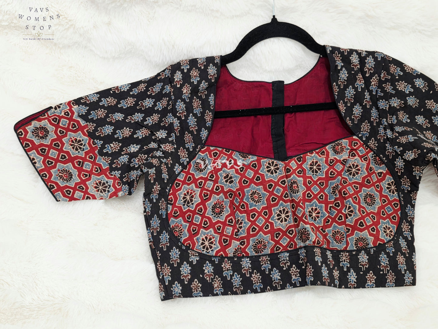 Heritage Noir & Madder Red Ajrakh Hand Block Print Cotton Blouse | 38-44