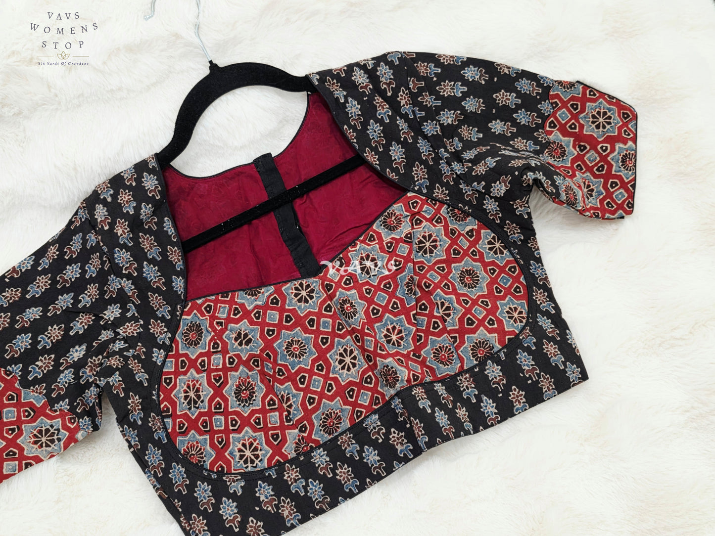 Heritage Noir & Madder Red Ajrakh Hand Block Print Cotton Blouse | 38-44