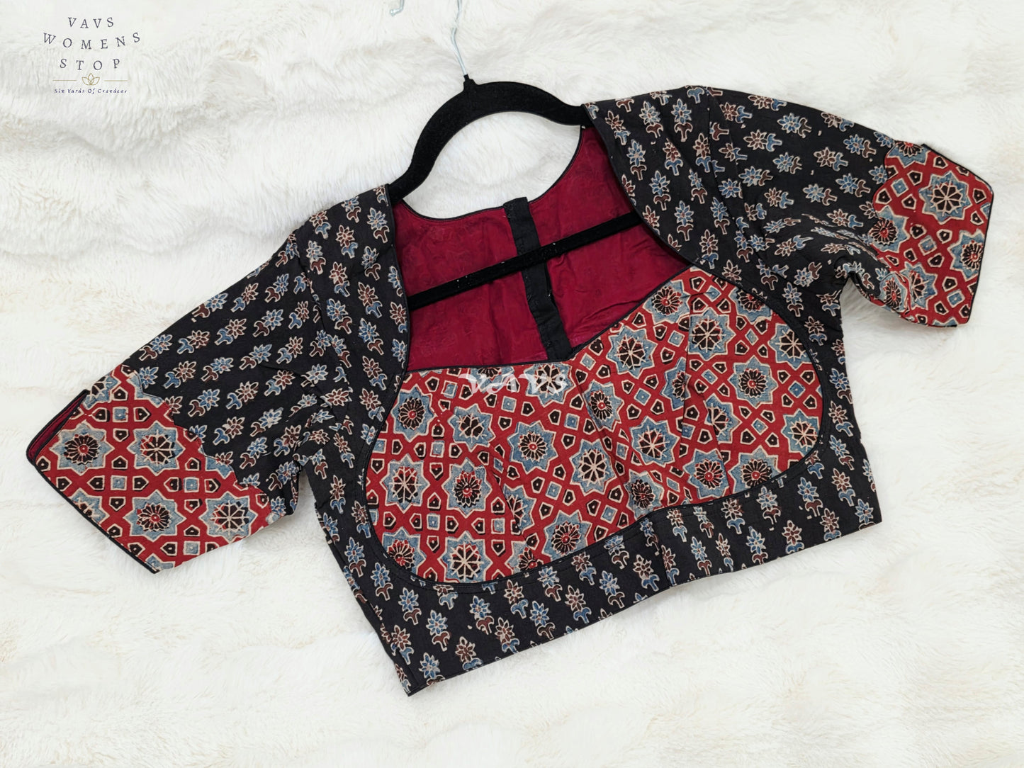 Heritage Noir & Madder Red Ajrakh Hand Block Print Cotton Blouse | 38-44