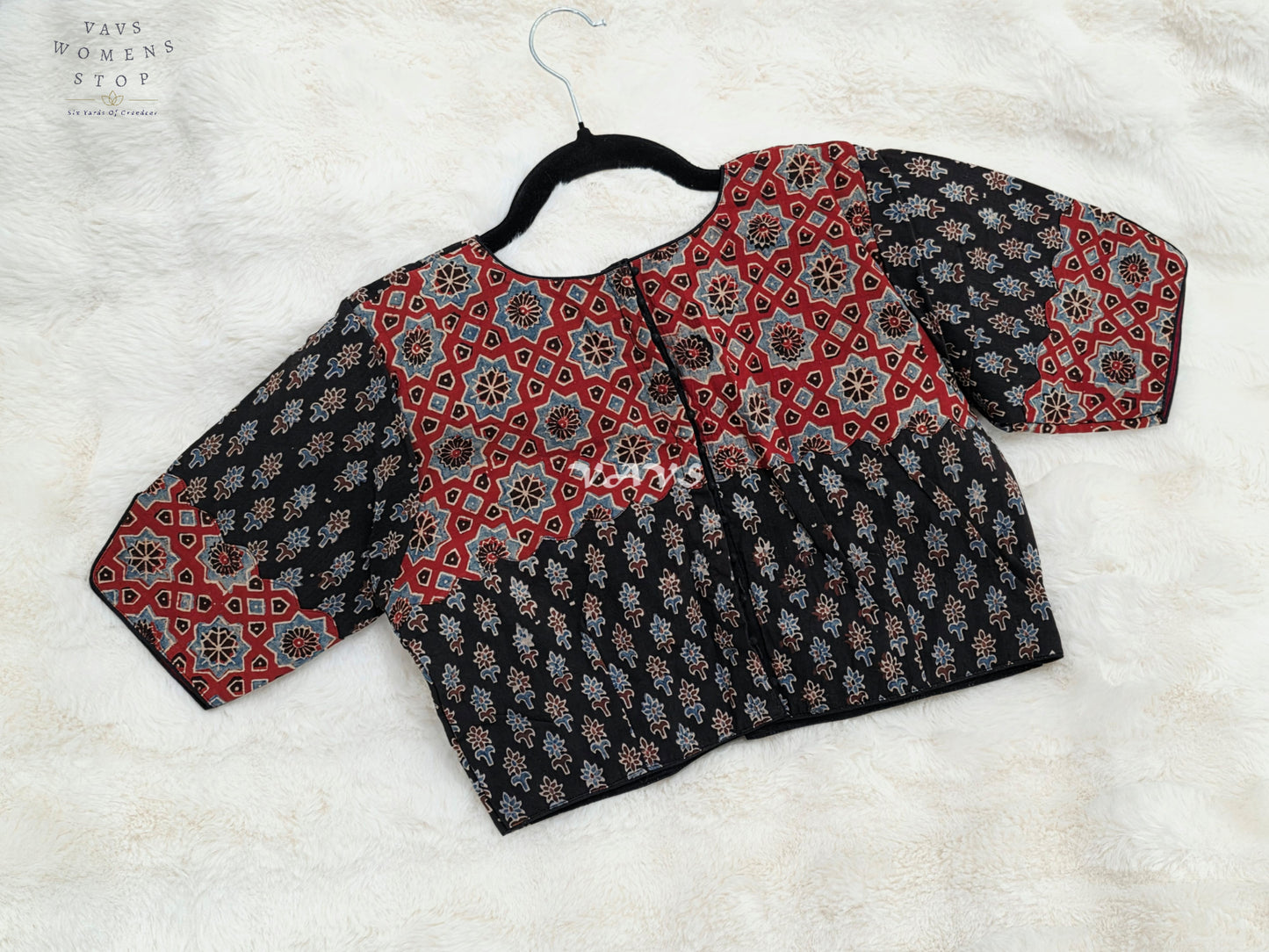 Heritage Noir & Madder Red Ajrakh Hand Block Print Cotton Blouse | 38-44