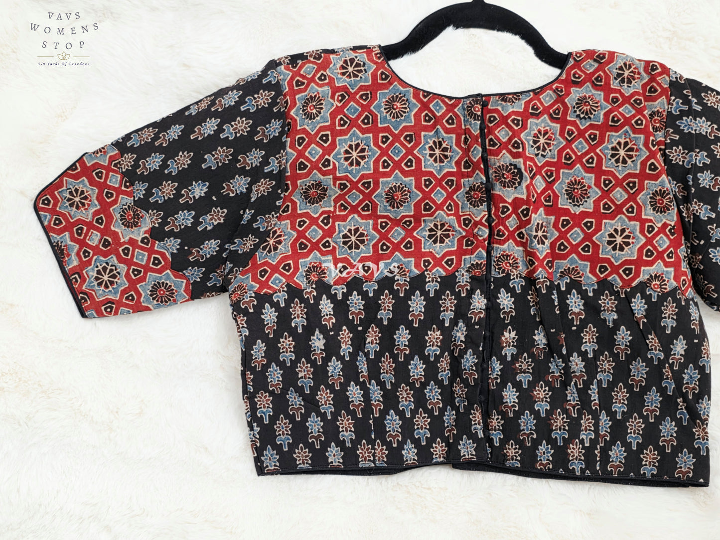 Heritage Noir & Madder Red Ajrakh Hand Block Print Cotton Blouse | 38-44