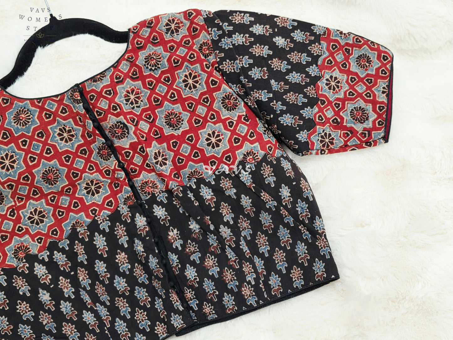 Heritage Noir & Madder Red Ajrakh Hand Block Print Cotton Blouse | 38-44