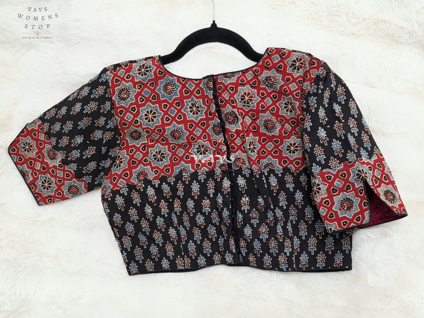 Heritage Noir & Madder Red Ajrakh Hand Block Print Cotton Blouse | 38-44