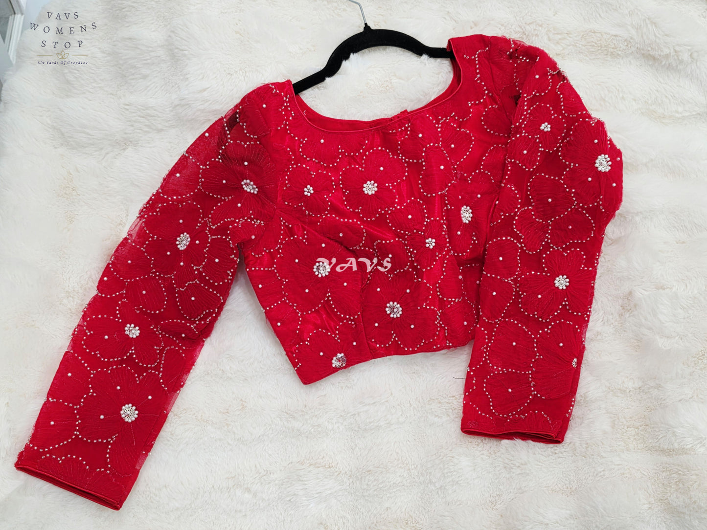 Regal Ruby Red Designer Net Crystal Floral Embroidery Blouse | Size 36-42