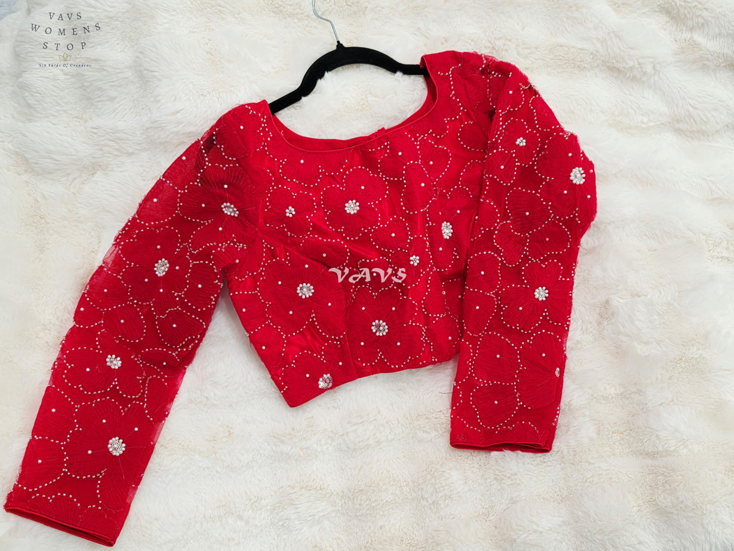 Regal Ruby Red Designer Net Crystal Floral Embroidery Blouse | Size 36-42