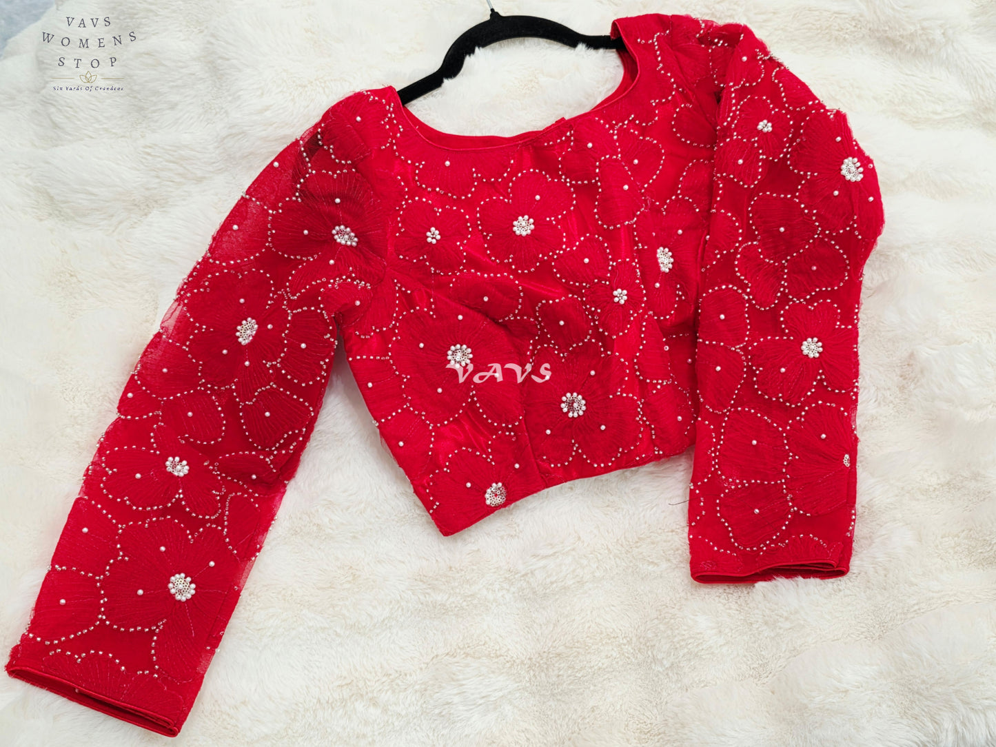 Regal Ruby Red Designer Net Crystal Floral Embroidery Blouse | Size 36-42