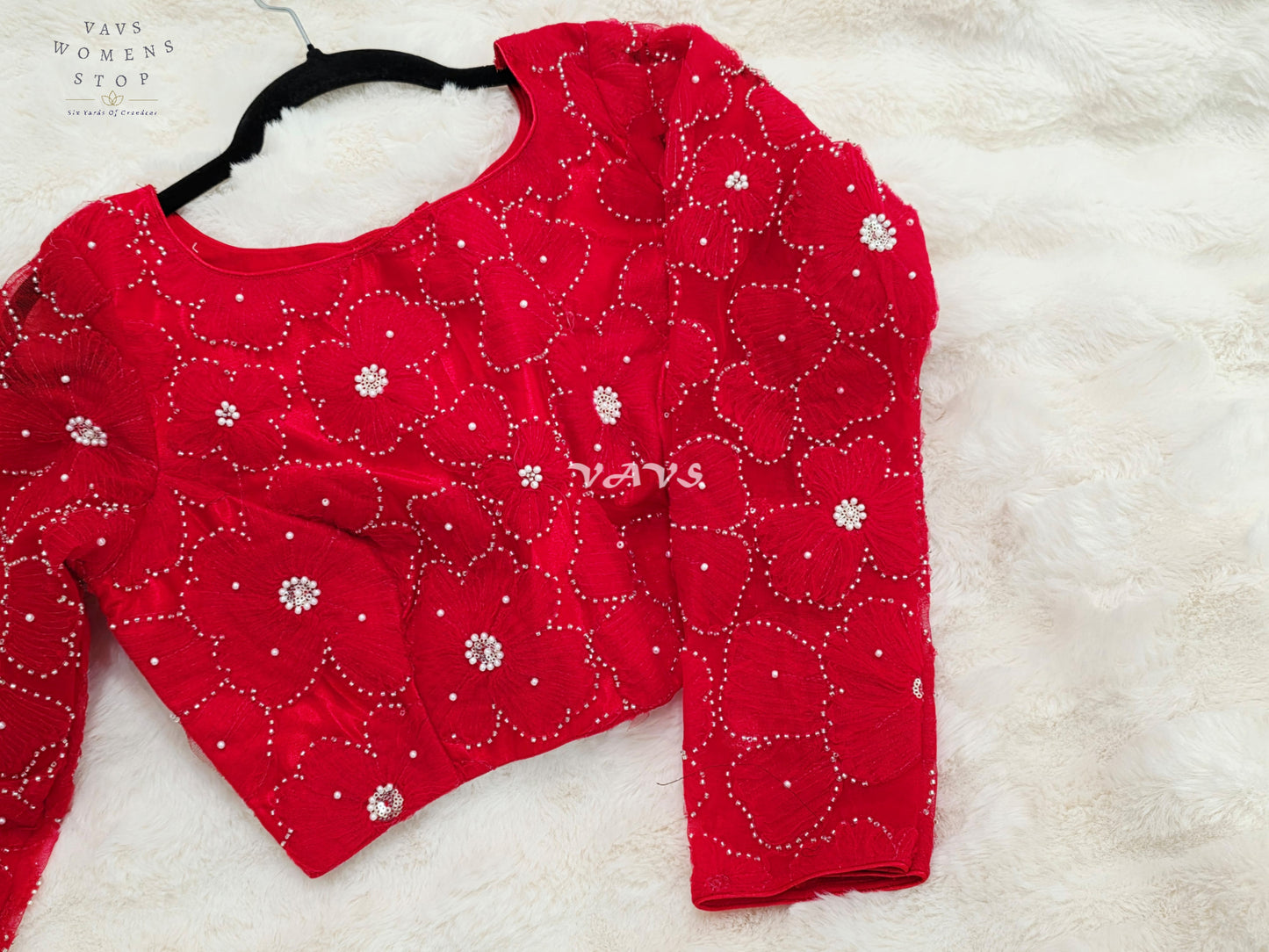 Regal Ruby Red Designer Net Crystal Floral Embroidery Blouse | Size 36-42