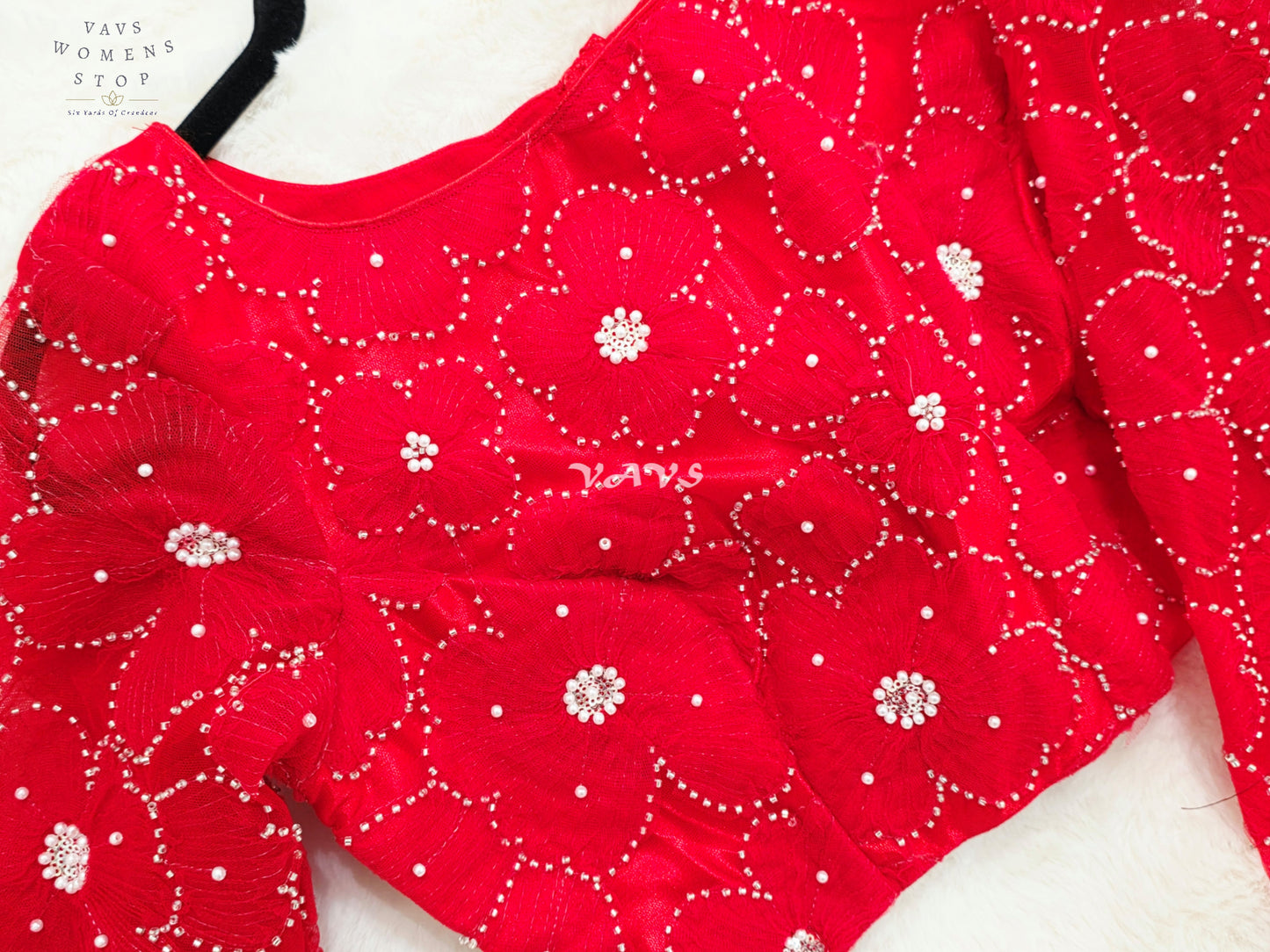 Regal Ruby Red Designer Net Crystal Floral Embroidery Blouse | Size 36-42