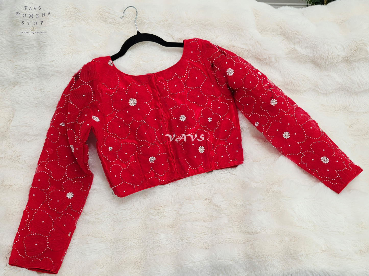 Regal Ruby Red Designer Net Crystal Floral Embroidery Blouse | Size 36-42