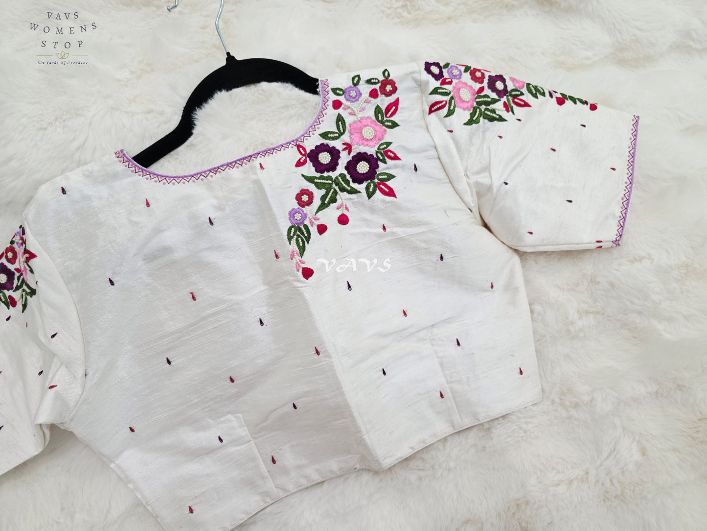 Pearl Ivory Hand Embroidered Floral Maggam Work Saree Blouse | Size 38-44